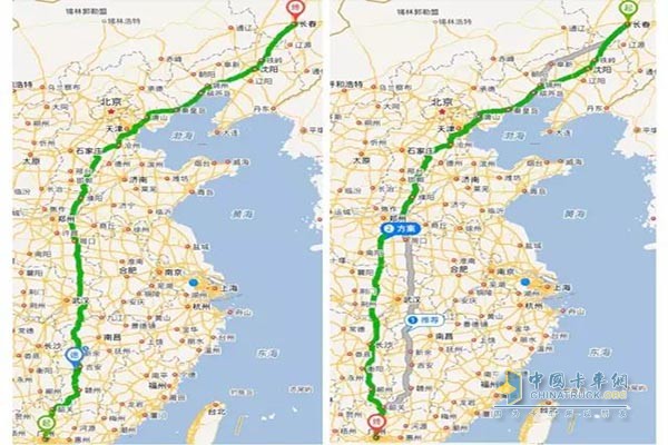 东风天龙旗舰与进口车型各自承载35吨电商物品，行车路线